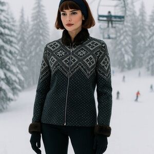 Vintage Cabincore Wool & Fur Zip Sweater Apres-ski Glam Nordic Far Isle Print